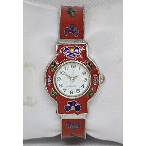 Women's Trendy Round Floral Red Silver Tone Cuff Bracelet Watch 13
